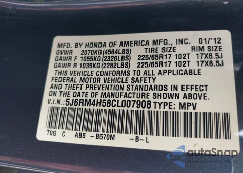 2012 Honda Cr-V Ex z USA, uszkodzony, nr VIN 5J6RM4H58CL007908